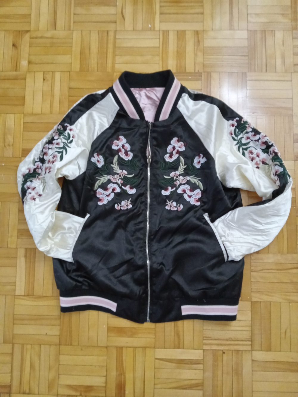 Floral Embroidered Satin Bomber Jacket - Black & White